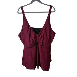 Womens Plus Size Burgundy Tankini Top Laser Cut Hem & Adjustable Straps Sz 26